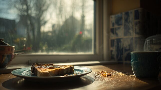Sunny Morning Breakfast: A Cozy Indoor Setting with Toast and Coffee on a Windowsill