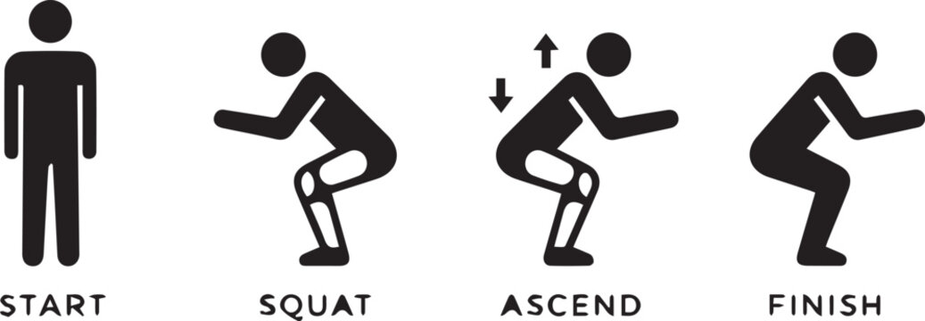 Sequence of a person performing a squat exercise icon set representing start squat ascend and finish positions