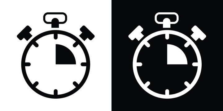 Stopwatch icon indicating a 15-minute or quarter-hour duration. Measurement of time for quick tasks or short intervals. Black and white vector set for business apps.
