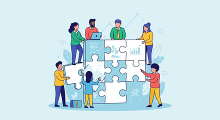 Fototapeta premium Teamwork and Collaboration: People assembling a giant jigsaw puzzle, business strategy concept