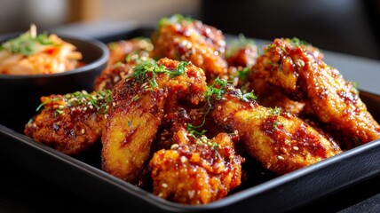 Fototapeta premium Crispy chicken wings glisten with vibrant sauce