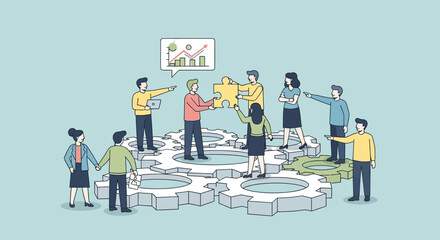 Naklejka premium Teamwork and Collaboration: People assembling puzzle pieces on gears, business growth concept