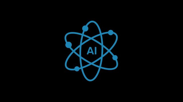 AI intelligence atom icon, atomic intelligence, quantum AI system, advanced AI core, futuristic AI technology. 2D motion graphics in 4K resolution with alpha channel.