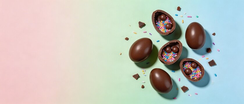 roken chocolate Easter eggs filled with colorful sprinkles on a pastel pink to blue gradient background, flat lay.