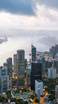 Hyperlapse of rainstorm over skyscraper in Hong Kong.