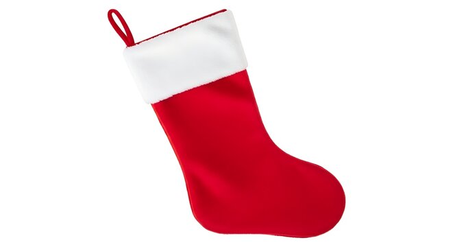 Red and white festive stocking hanging with looped top isolated on transparent background