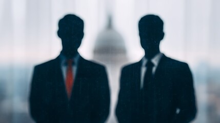 Fototapeta premium Two blurred businessmen stand in front of a large window with a cityscape backdrop, conveying professionalism and corporate atmosphere.