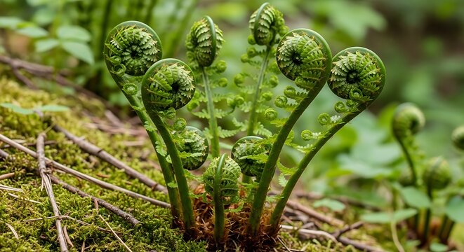 Fiddlehead Ferns Emerging in a Lush Forest Environment