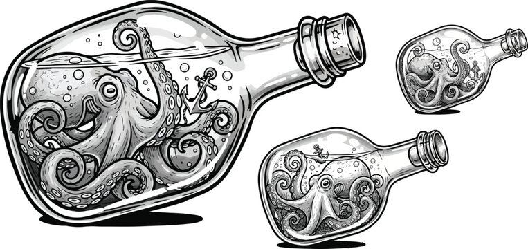 Vintage nautical octopus in a bottle vector set, black and white kraken glass jar illustrations, maritime sea creature line art