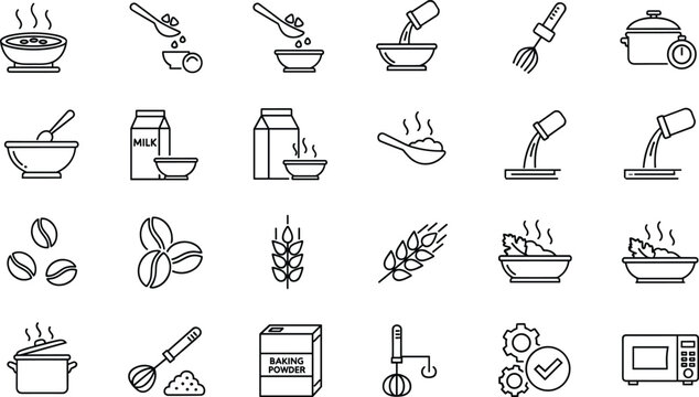 Cooking food preparation icon collection with kitchen tools ingredients culinary artwork, baking design, black vector template set