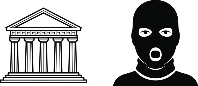 Black and white illustration of classical bank building with columns and masked person icon, crime, robbery, security concept