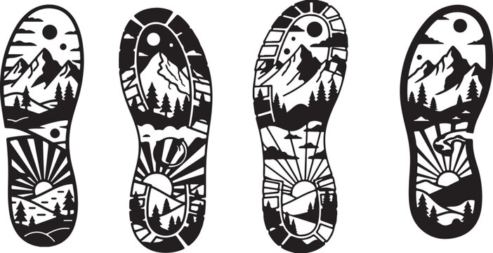 Outdoor adventure footprint vector set, mountain landscape shoe sole silhouettes, black and white hiking boot prints with sun and forest scenery