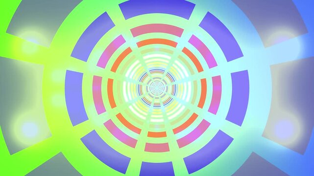 Colorful futuristic radial tunnel with neon circular segments and vibrant gradient colors. Abstract motion background ideal for sci-fi visuals, digital art, and dynamic tech scenes.