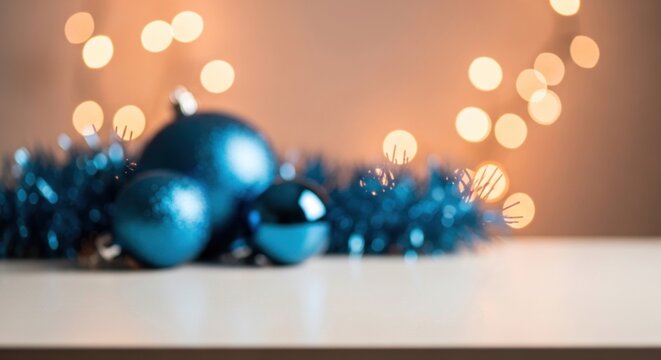 Blue Christmas ornaments and tinsel on a white table with a bokeh background.