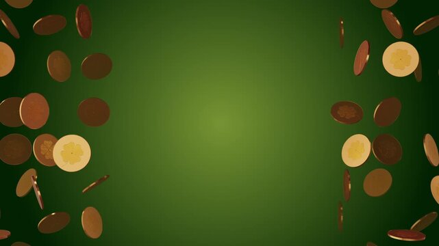 Golden coins with clover leaf loopable background, St. Patrick's day