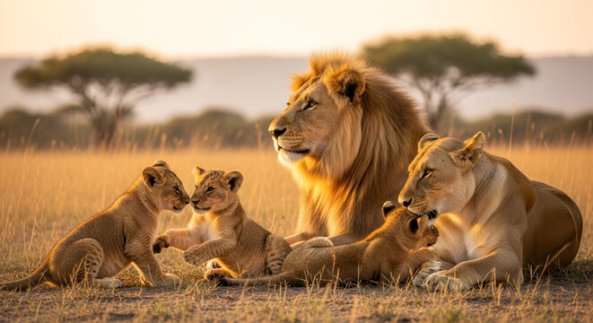 A jungle king wild predator lion is sitting on the barren land with his cups how were playing there and behind him his lioness is also sitting a small lion family illustration 