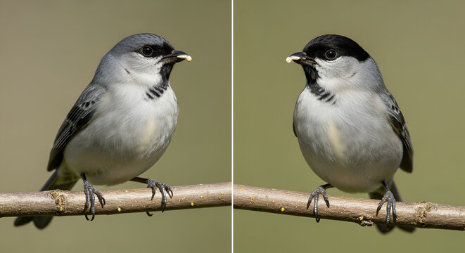 A collage of two images of independent wild small bird which is in white color in both images bird are showing at each other while sitting on tree branch and in background fade but green plants presen