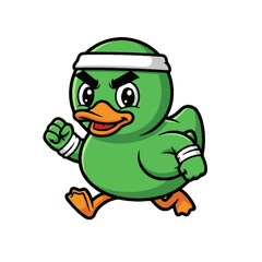 Obraz premium Green cartoon duck running with headband and wristbands.
