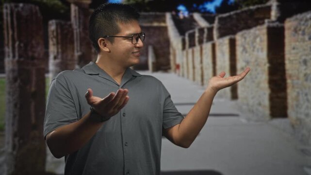 Man smiling with open palms presenting stone corridor in building, wearing glasses and gray shirt; friendly welcome.