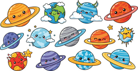 Cute Cartoon Planets Illustration Set with Smiling Solar System Planets, Ringed Planets, Earth, and Space Characters Vector Collection © Priyanka