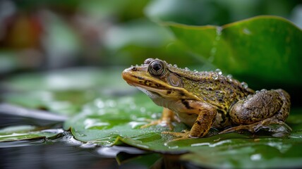 Obraz premium Wet green frog perches on lily pad