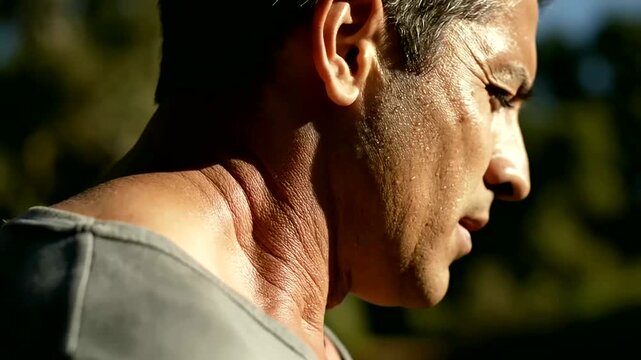 close up sweaty neck and jawline of athlete outdoors during workout or side profile of sweaty athlete outdoors under bright sunlight during training