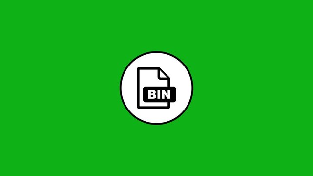 Flat bin file format icon animation inside white circle with stroke on green background.