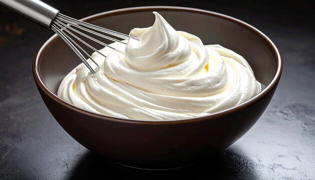 Whisked mascarpone cream in bowl with glossy peaks under spotlight