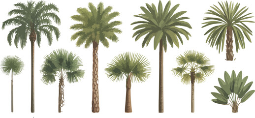 Fototapeta premium Hand drawn palm tree set vintage engraving tropical plants detailed exotic foliage summer vacation resort botanical vector illustration