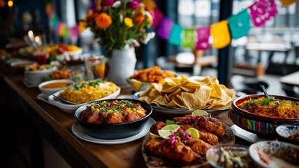 Fototapeta premium Colorful banners hang above a festive table