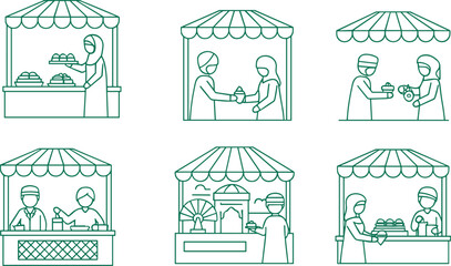 Naklejka premium Islamic market stall icon set, Ramadan street food festival with Muslim people, Halal food bazaar and traditional fair vector, SEO.