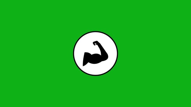 Muscular arm flex icon animation on green background with white circle and black outlines.