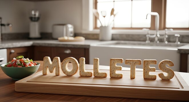 Molletes On A Wooden Cutting Board With A Bowl Of Salad