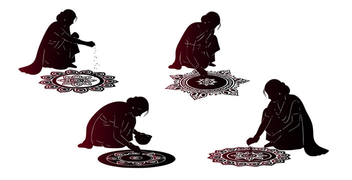 Traditional Indian women creating intricate rangoli patterns on the ground, a colorful art form