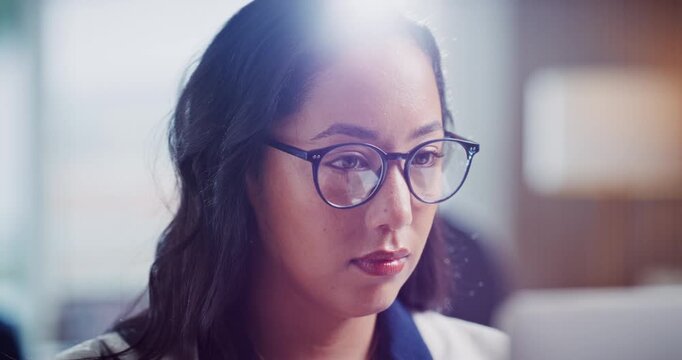 Reading, glasses or woman in office with laptop, draft edit or proposal review for article update. Tech, flare or journalist in newsroom with specs, web research or proofreading for publication.