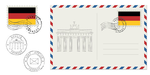 Blank Germany postcard with rubber stamp. Mockup realistic postcard  and postage stamp with Germany flag. © sanchesnet1