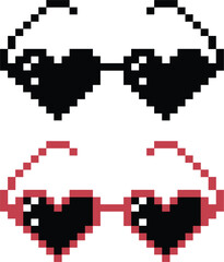Fototapeta premium Pixel art heart sunglasses vector set with love glasses, retro gaming accessory icons