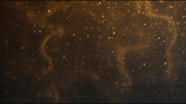 Golden dust particles mixed with floating gold flakes forming a sparkling swirling cloud drifting smoothly in dark cinematic space with calm motion warm amber light and layered depth