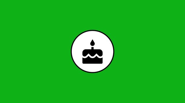 Minimalist black birthday cake icon appearing with pop animation on green screen background.