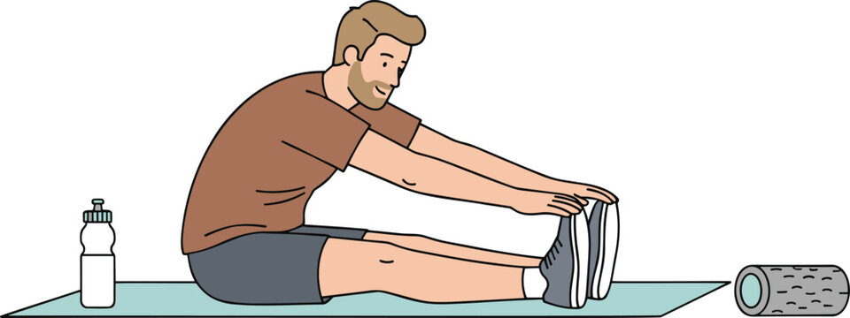 Healthy young man performing seated forward fold stretch on yoga mat with water bottle and foam roller nearby.