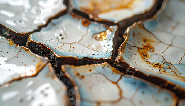 Close up of cracked textured ceramic surface with intricate patterns
