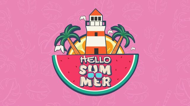 Summer Badge Theme &ndash; Looping 4K animation featuring &ldquo;Hello Summer&rdquo; text inside a watermelon slice with lighthouse, palm trees, and birds on vibrant tropical background, ideal for fun seasonal promos.