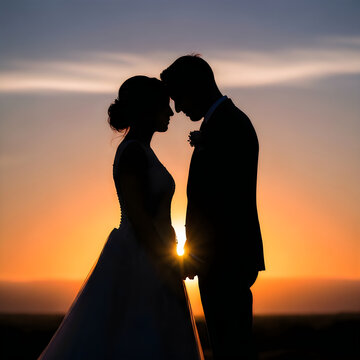 Romantic wedding silhouette at sunset