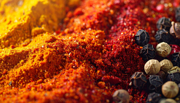 Close up of assorted spices and seasonings in vibrant colors and textures