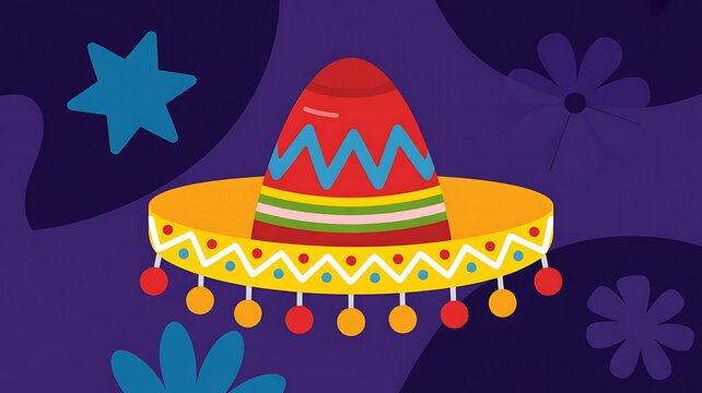 Colorful sombrero with decorative patterns and dangling pom poms on a festive dark purple background