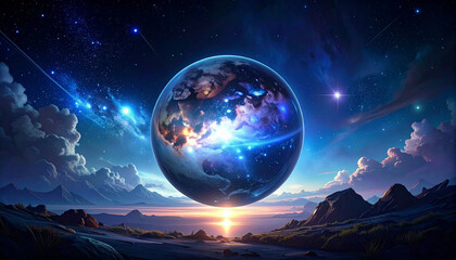 Cosmic sphere floating above a landscape in a vibrant nebula galaxy scene