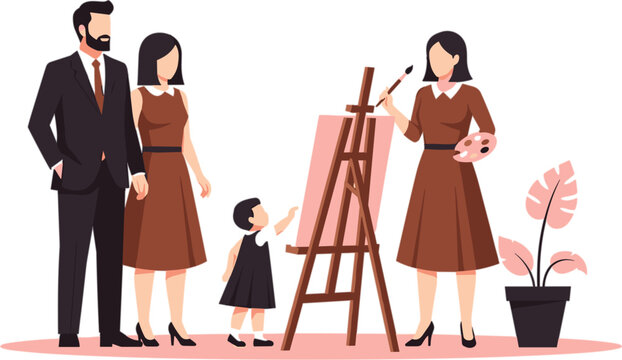 Family art activity with parents and child painting at easel creative home lifestyle scene education and hobby vector illustration