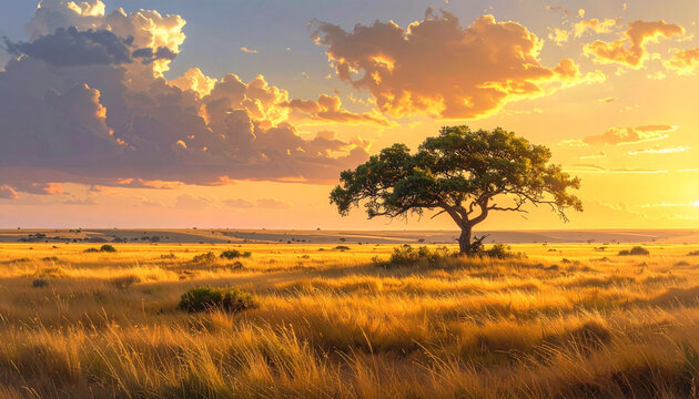 Dramatic sunset over savannah landscape with single tree silhouette