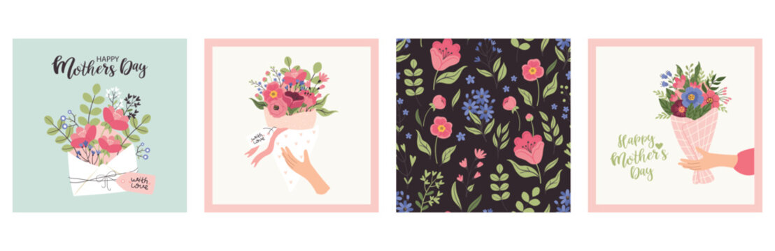 A collection of Mother's Day cards and pattern. Postcard for Mother's Day, motherhood and childcare.