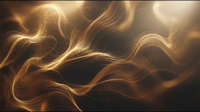 Flowing golden filament waves with drifting particles forming smooth organic curves in dark space in seamless cinematic motion